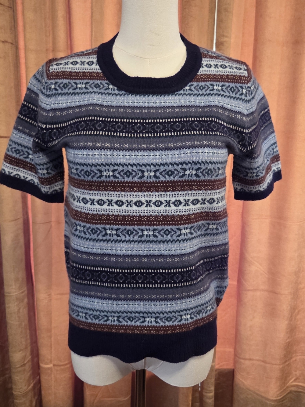 Women's Lucky Brand Short-Sleeve Fair Isle Sweater. Blue/brown. Size Medium